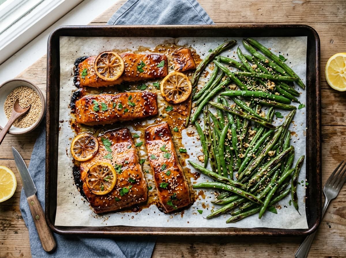 Sheet Pan Honey Garlic Salmon & Green Beans