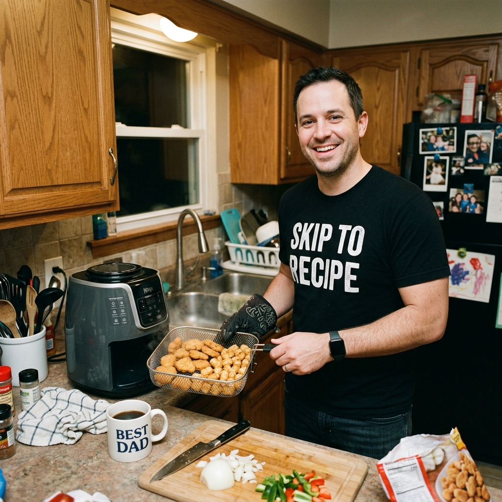 Dave (38) wearing Skip to Recipe tee with air fryer