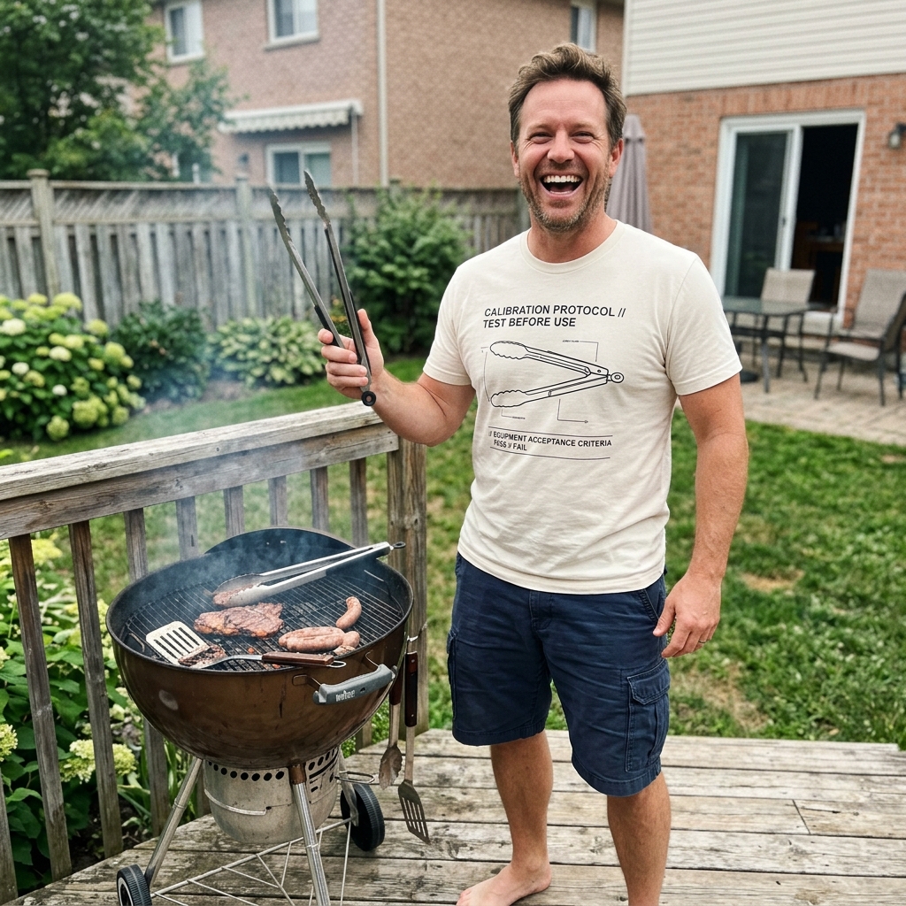 Mark (40) wearing Tongs Protocol tee at grill