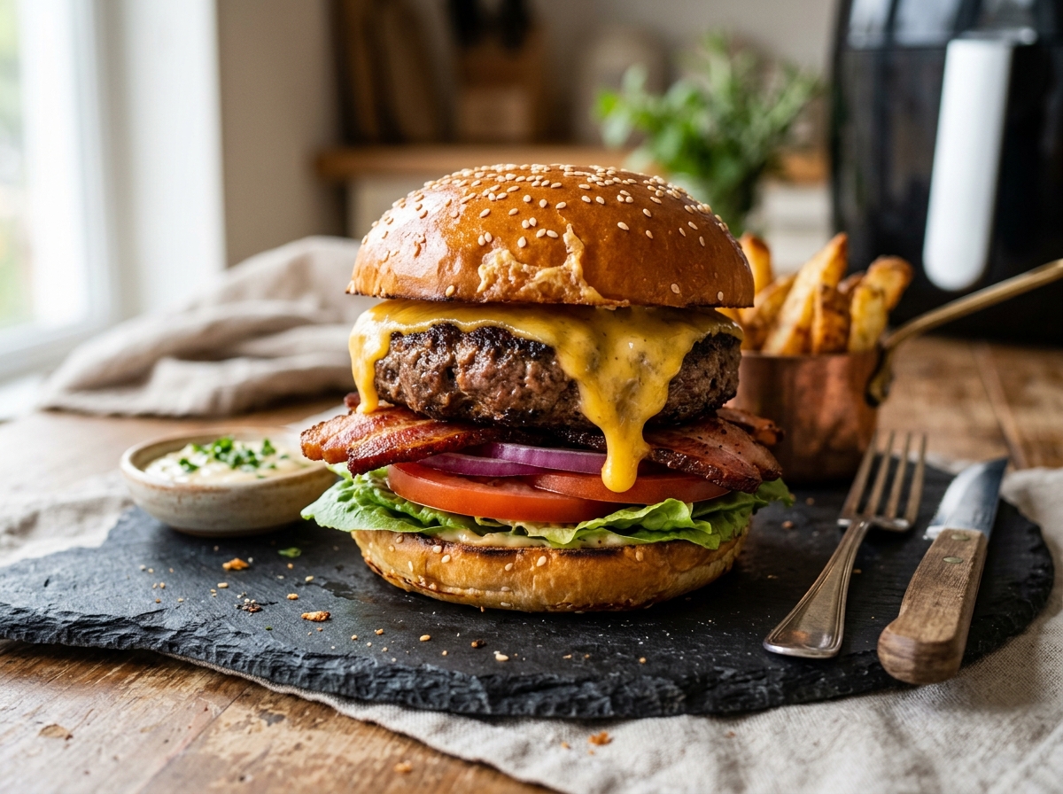 Air Fryer Juicy Bacon Cheeseburgers