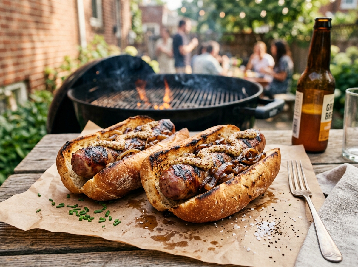 Grilled Brats with Beer Onions